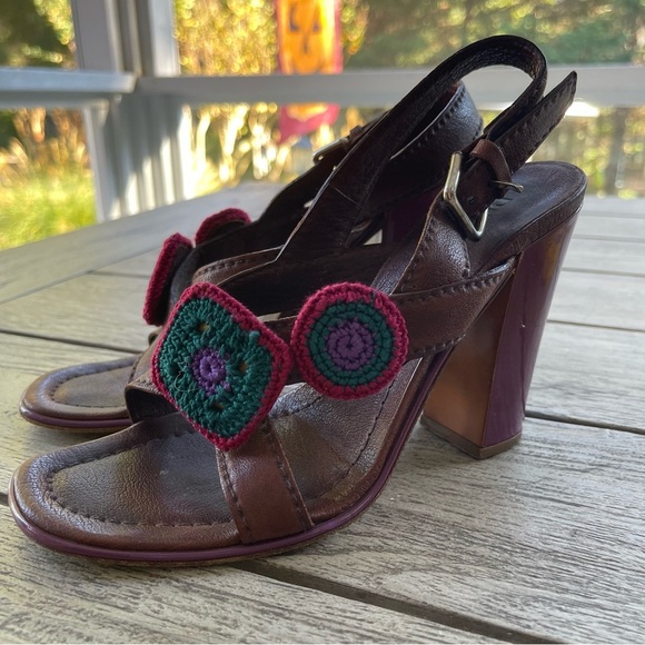 Prada Shoes - Prada Authentic Crochet Accent Brown & Purple Leather Heels Womens Size 37